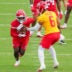 Jul 29, 2026; St. Joseph, MO, USA; Kansas City Chiefs quarterback Justin Fields (6) hands off to running back Emari Demercado (25) during training camp at Missouri Western State University.