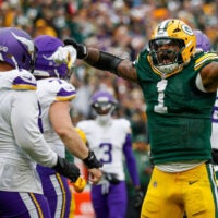 Green Bay Packers defensive end Micah Parsons (1) celebrates after sacking Minnesota Vikings quarterback J.J. McCarthy (9) on Sunday, November 23, 2025, at Lambeau Field in Green Bay, Wis. The Packers won the game, 23-6.