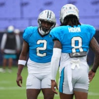 Aug 4, 2026; Charlotte, NC, USA; Carolina Panthers cornerback Mike Jackson (2) chats with cornerback Jaycee Horn (8) during training camp at Bank of America Stadium.