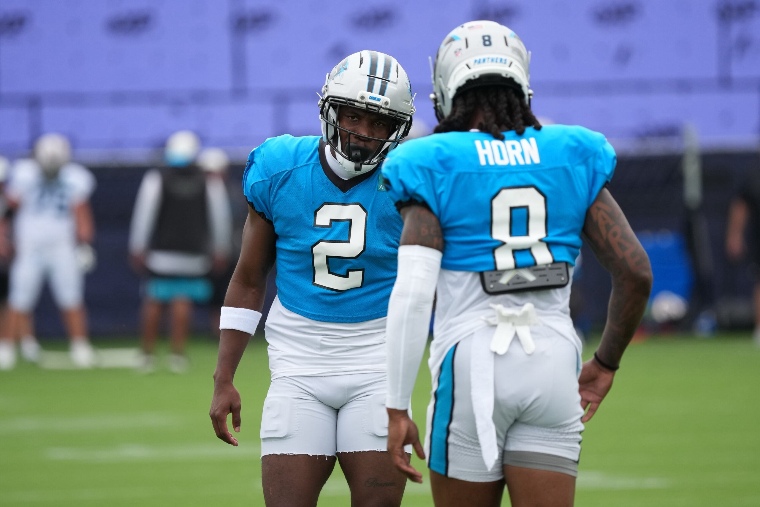 Aug 4, 2026; Charlotte, NC, USA; Carolina Panthers cornerback Mike Jackson (2) chats with cornerback Jaycee Horn (8) during training camp at Bank of America Stadium.
