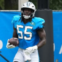 Aug 4, 2026; Charlotte, NC, USA; Carolina Panthers linebacker Devin Lloyd (55) during a drill during training camp at Bank of America Stadium.