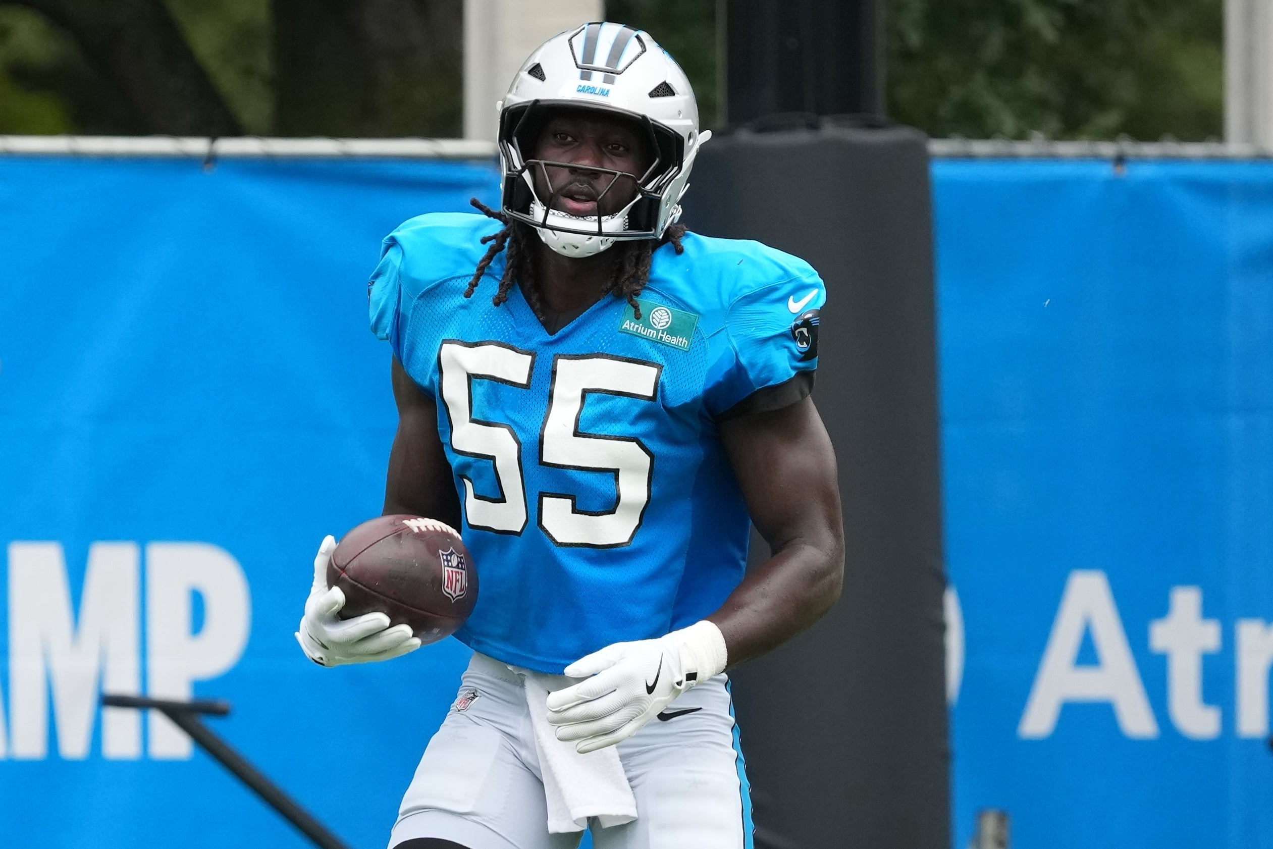 Aug 4, 2026; Charlotte, NC, USA; Carolina Panthers linebacker Devin Lloyd (55) during a drill during training camp at Bank of America Stadium.