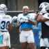 Aug 4, 2026; Charlotte, NC, USA; Carolina Panthers running back Chuba Hubbard (30), running back AJ Dillon (28) and running back Jonathon Brooks (25) during training camp at Bank of America Stadium.