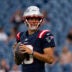 Aug 13, 2026; Foxborough, Massachusetts, USA; New England Patriots quarterback Drake Maye (10) warms up before a preseason game against the Indianapolis Colts at Gillette Stadium.