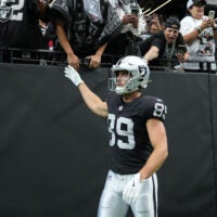 Aug 13, 2026; Paradise, Nevada, USA; Las Vegas Raiders tight end Brock Bowers (89) prepares to enter the field against the Arizona Cardinals at Allegiant Stadium.