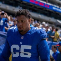 New York Giants offensive guard Francis Mauigoa (65) walks into the tunnel after warmups during a preseason opening game between the New York Giants and Minnesota Vikings on Saturday, Aug. 15, 2026, at MetLife Stadium in East Rutherford, NJ.