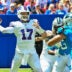 Aug 15, 2026; Orchard Park, New York, USA; Buffalo Bills quarterback Josh Allen (17) throws a pass in the first quarter against the Carolina Panthers at the New Highmark Stadium.