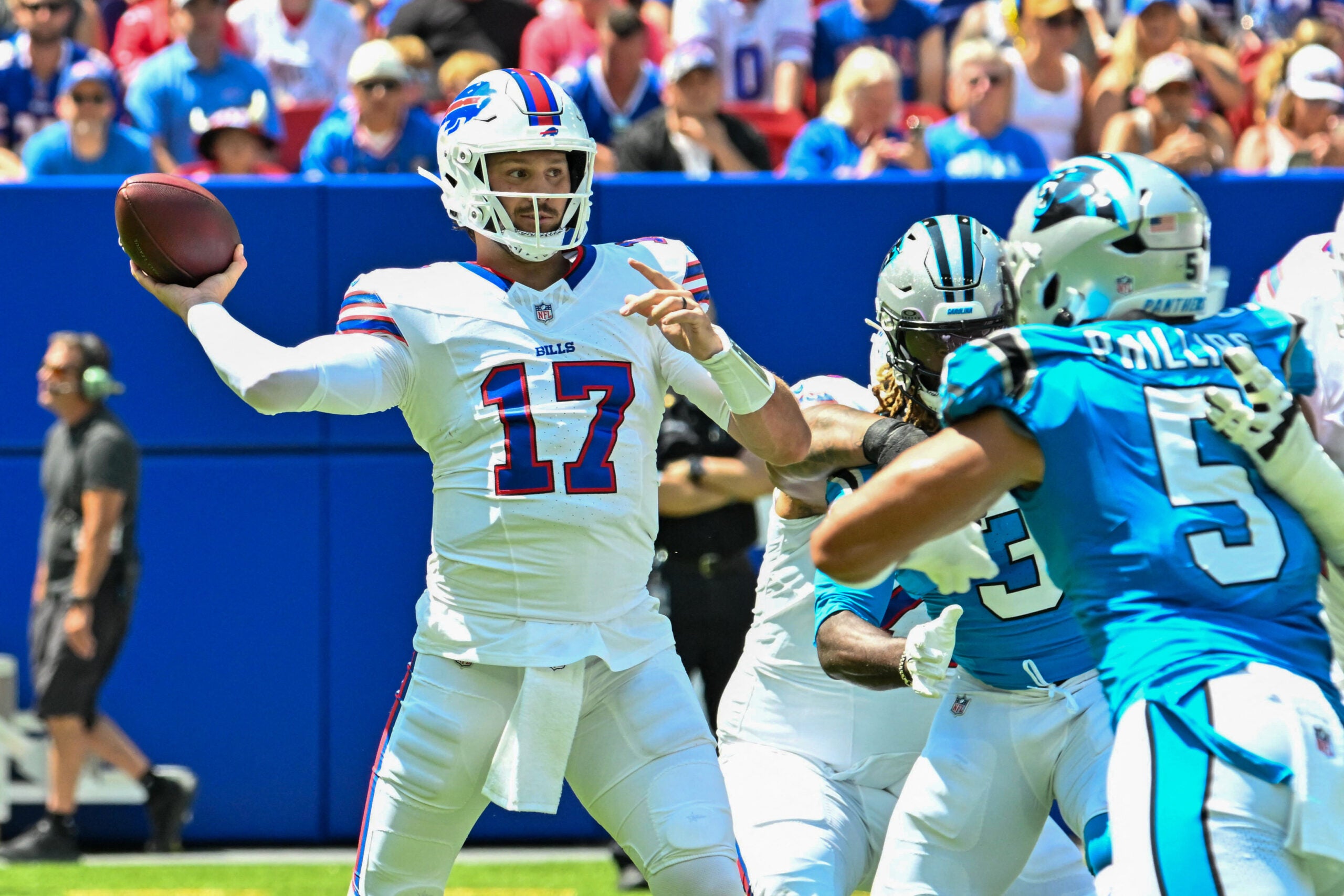 Aug 15, 2026; Orchard Park, New York, USA; Buffalo Bills quarterback Josh Allen (17) throws a pass in the first quarter against the Carolina Panthers at the New Highmark Stadium.