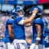 New York Giants quarterback Jaxson Dart (6) celebrates with New York Giants wide receiver Malachi Fields (0) after scoring a touchdown during a preseason opening game between the New York Giants and Minnesota Vikings on Saturday, Aug. 15, 2026, at MetLife Stadium in East Rutherford, NJ.
