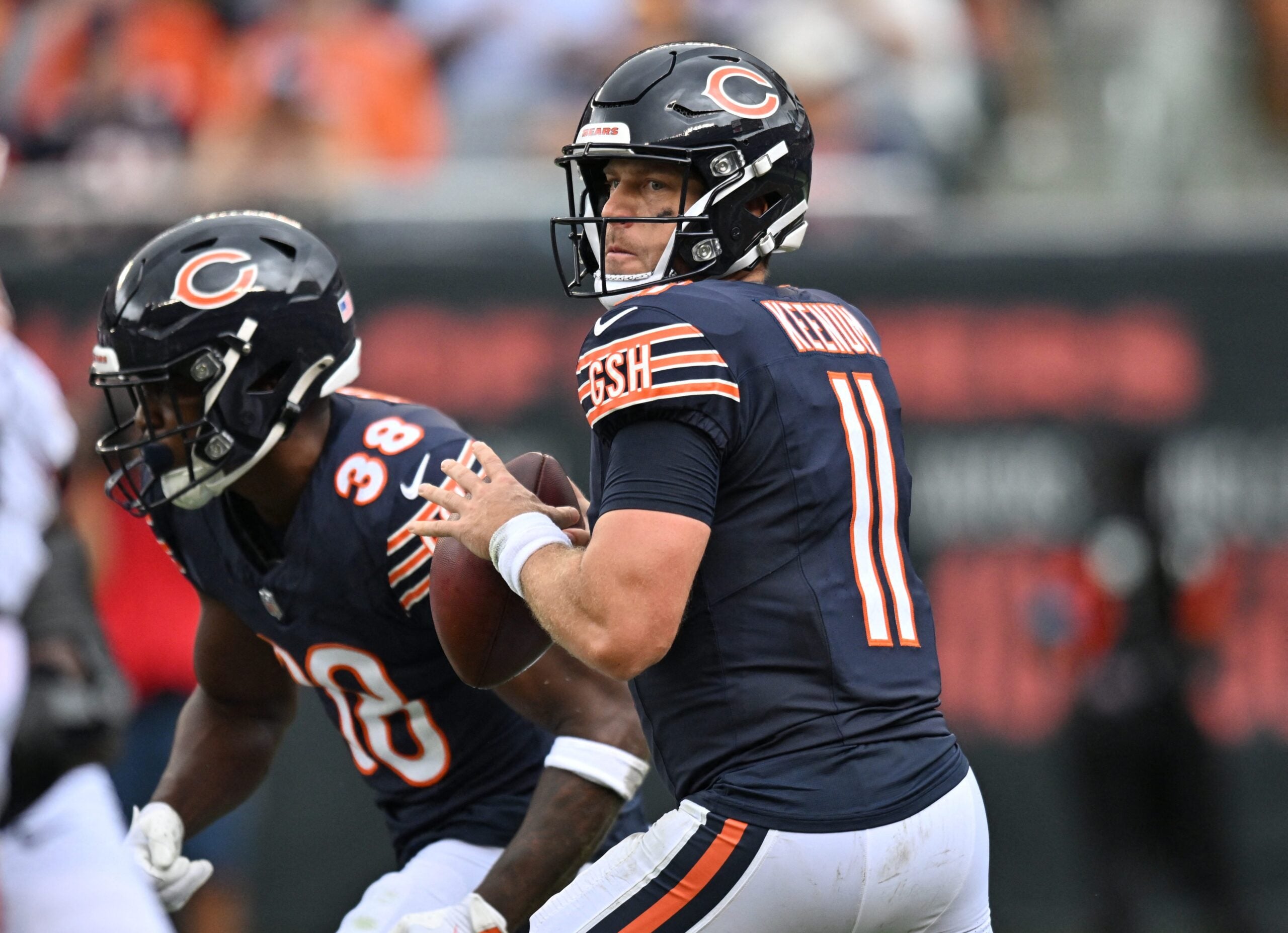 Aug 15, 2026; Chicago, Illinois, USA; Chicago Bears quarterback Case Keenum (11) looks to pass the ball against the Cleveland Browns during the second half at Soldier Field.
