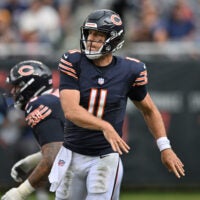 Aug 15, 2026; Chicago, Illinois, USA; Chicago Bears quarterback Case Keenum (11) passes the ball against the Cleveland Browns during the second half at Soldier Field.