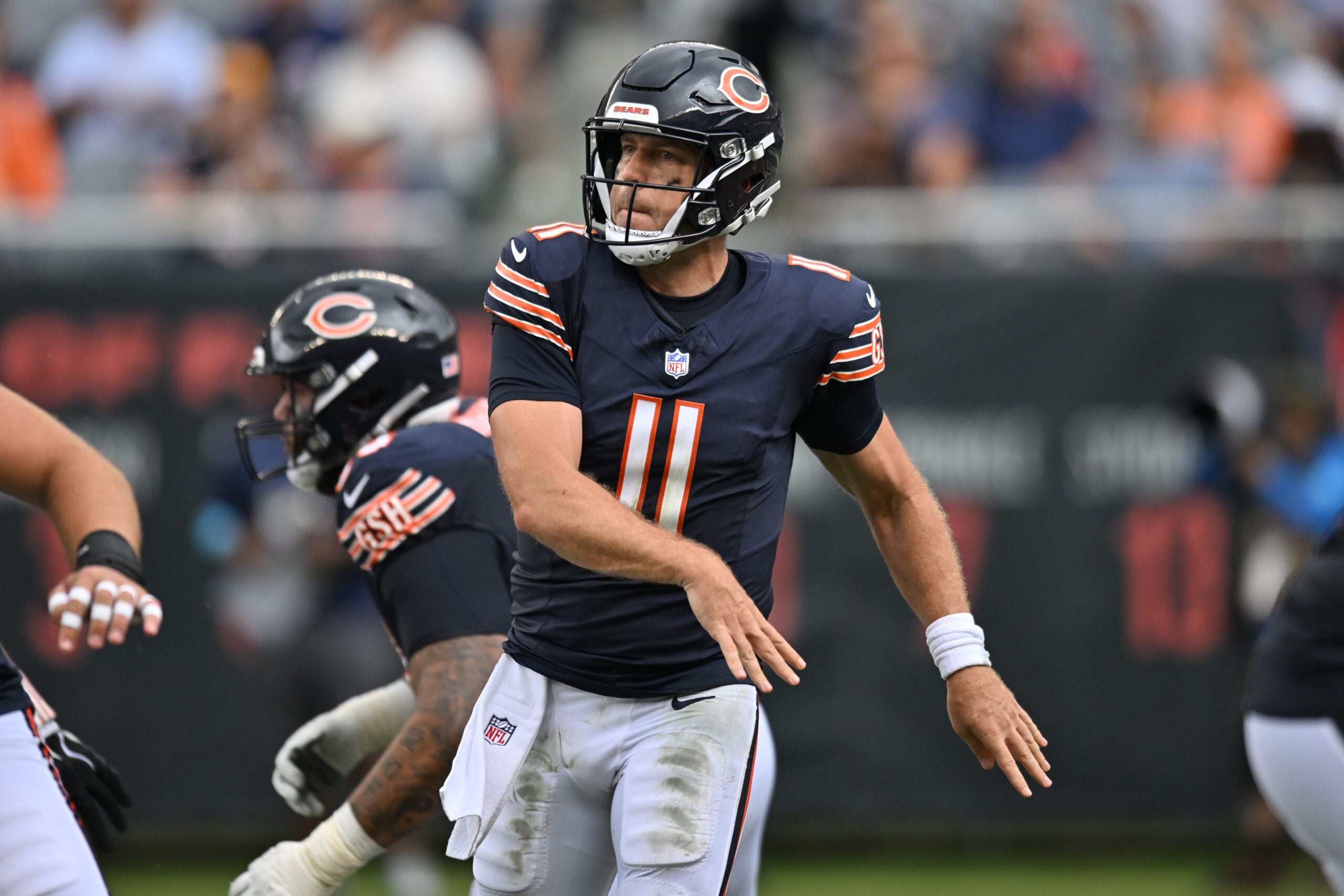 Aug 15, 2026; Chicago, Illinois, USA; Chicago Bears quarterback Case Keenum (11) passes the ball against the Cleveland Browns during the second half at Soldier Field.
