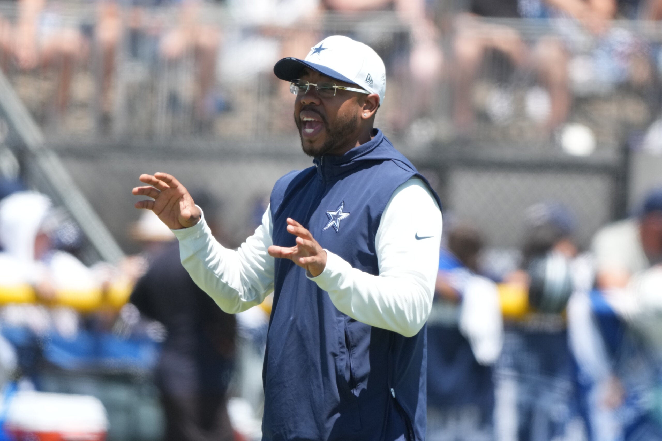 Aug 1, 2026; Oxnard, CA, USA; Dallas Cowboys defensive coordinator Christian Parker at training camp at River Ridge Playing Fields.