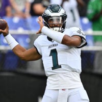 Aug 15, 2026; Baltimore, Maryland, USA; Philadelphia Eagles quarterback Jalen Hurts (1) warms up before a game against the Baltimore Ravens at M&T Bank Stadium.