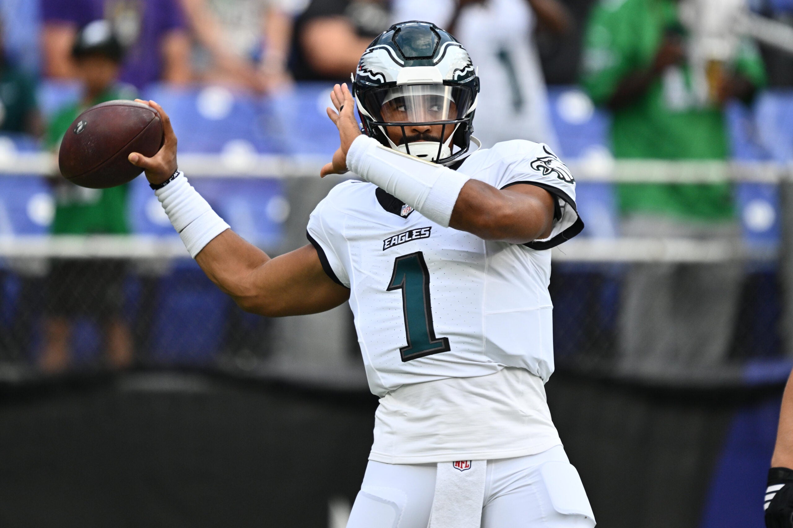 Aug 15, 2026; Baltimore, Maryland, USA; Philadelphia Eagles quarterback Jalen Hurts (1) warms up before a game against the Baltimore Ravens at M&T Bank Stadium.