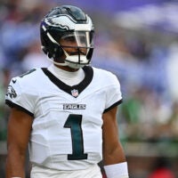 Aug 15, 2026; Baltimore, Maryland, USA; Philadelphia Eagles quarterback Jalen Hurts (1) warms up before a game against the Baltimore Ravens at M&T Bank Stadium.