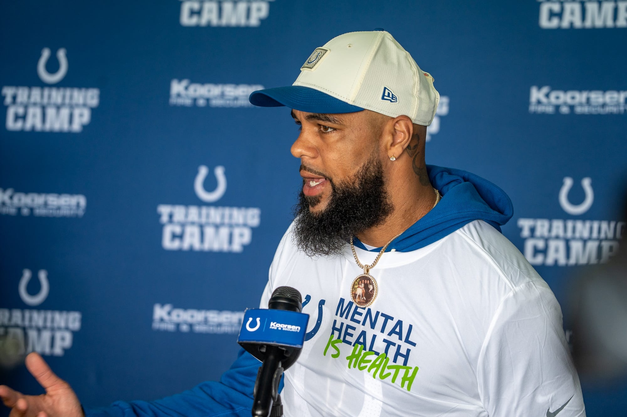 Indianapolis Colts wide receiver Keenan Allen speaks with media Wednesday, Aug. 19, 2026, ahead of the Colts joint practice with the Atlanta Falcons at Grand Park in Westfield.