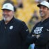 Aug 21, 2026; Pittsburgh, Pennsylvania, USA; Pittsburgh Steelers head coach Mike McCarthy (left) talks with quarterback Aaron Rodgers (right) before the game against the New York Jets at Acrisure Stadium.