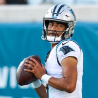 Aug 21, 2026; Jacksonville, Florida, USA; Carolina Panthers quarterback Bryce Young (9) warms up before a preseason game against the Jacksonville Jaguars at EverBank Stadium.