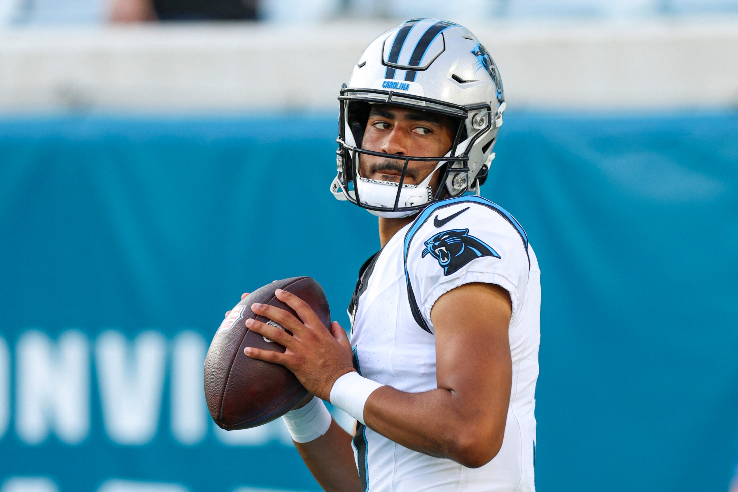 Aug 21, 2026; Jacksonville, Florida, USA; Carolina Panthers quarterback Bryce Young (9) warms up before a preseason game against the Jacksonville Jaguars at EverBank Stadium.