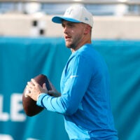 Aug 21, 2026; Jacksonville, Florida, USA; Carolina Panthers quarterback Haynes King (16) warms up before a preseason game against the Jacksonville Jaguars at EverBank Stadium.