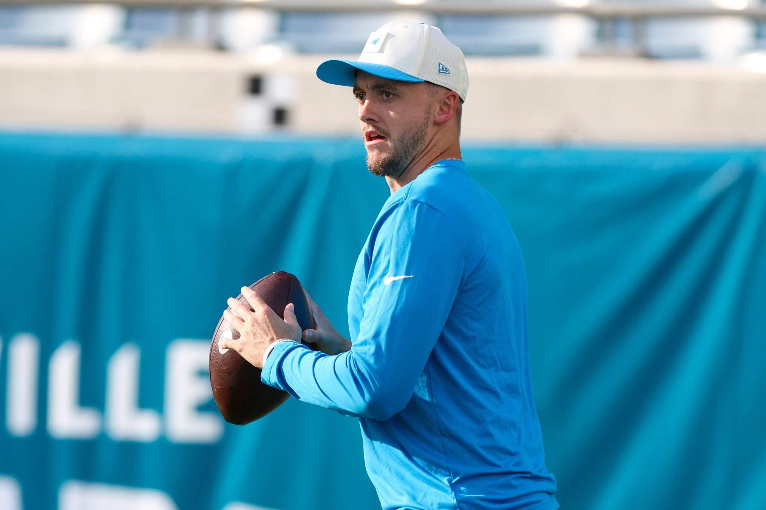 Aug 21, 2026; Jacksonville, Florida, USA; Carolina Panthers quarterback Haynes King (16) warms up before a preseason game against the Jacksonville Jaguars at EverBank Stadium.