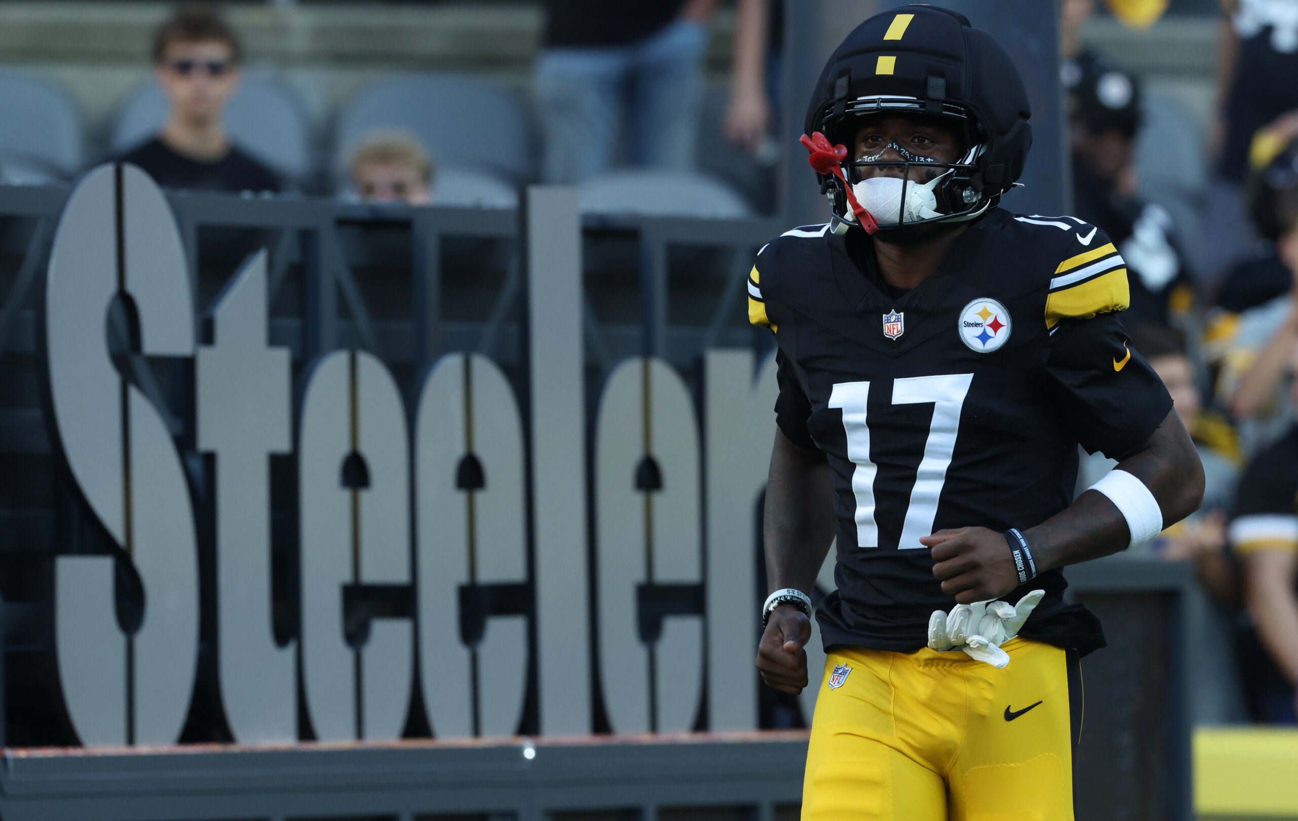 Aug 21, 2026; Pittsburgh, Pennsylvania, USA; Pittsburgh Steelers wide receiver Germie Bernard (17) takes the field to play the New York Jets at Acrisure Stadium.