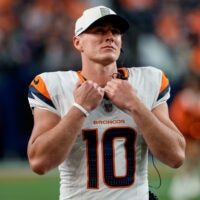 Aug 21, 2026; Denver, Colorado, USA; Denver Broncos quarterback Bo Nix (10) in the fourth quarter against the Green Bay Packers at Empower Field at Mile High.