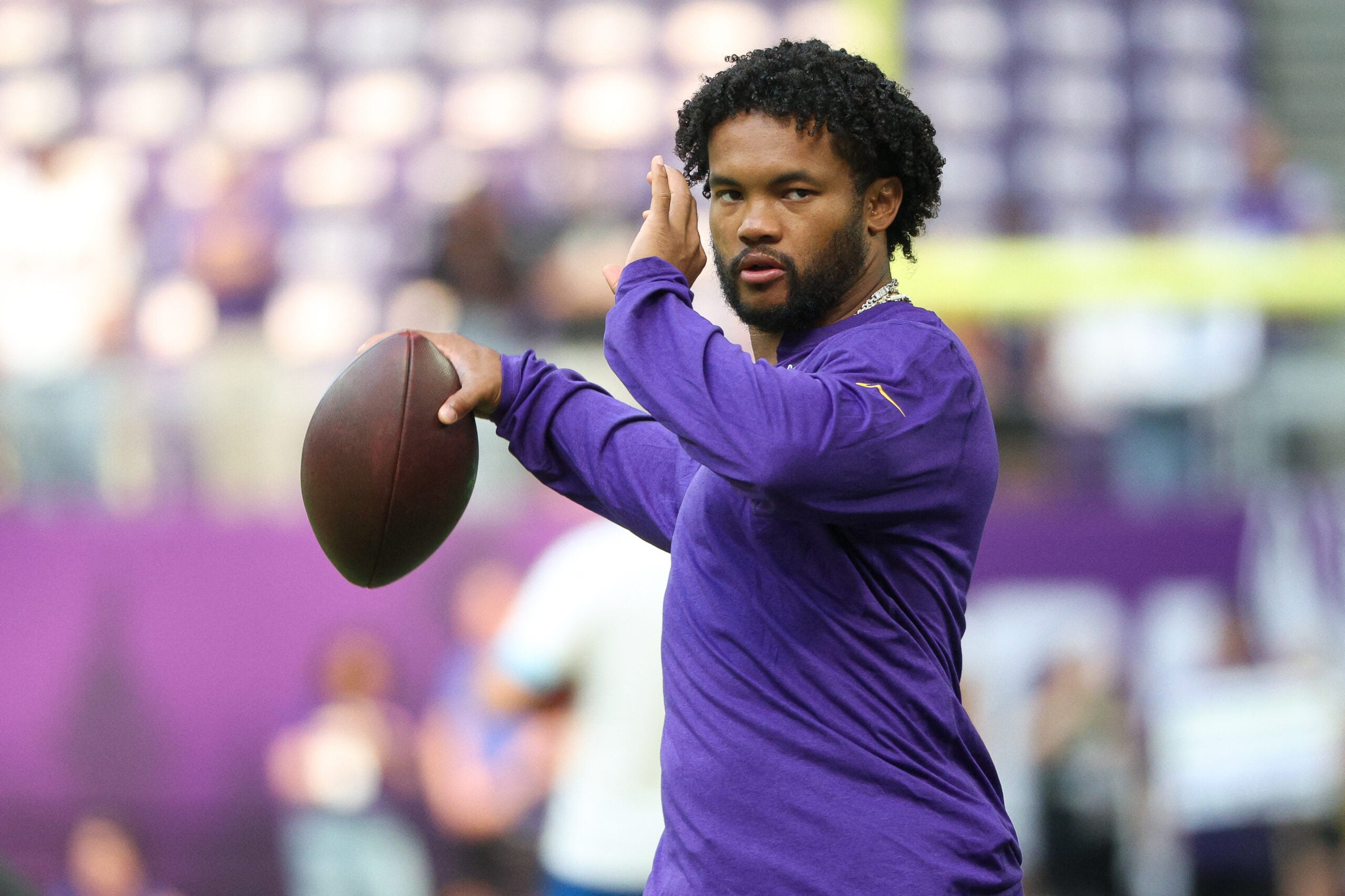Aug 22, 2026; Minneapolis, Minnesota, USA; Minnesota Vikings quarterback Kyler Murray (1) warms up before the game against the Baltimore Ravens at U.S. Bank Stadium.