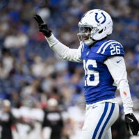 Aug 22, 2026; Indianapolis, Indiana, USA; Indianapolis Colts cornerback Cam Taylor-Britt (26) reacts after a play against the Atlanta Falcons during the first half at Lucas Oil Stadium.