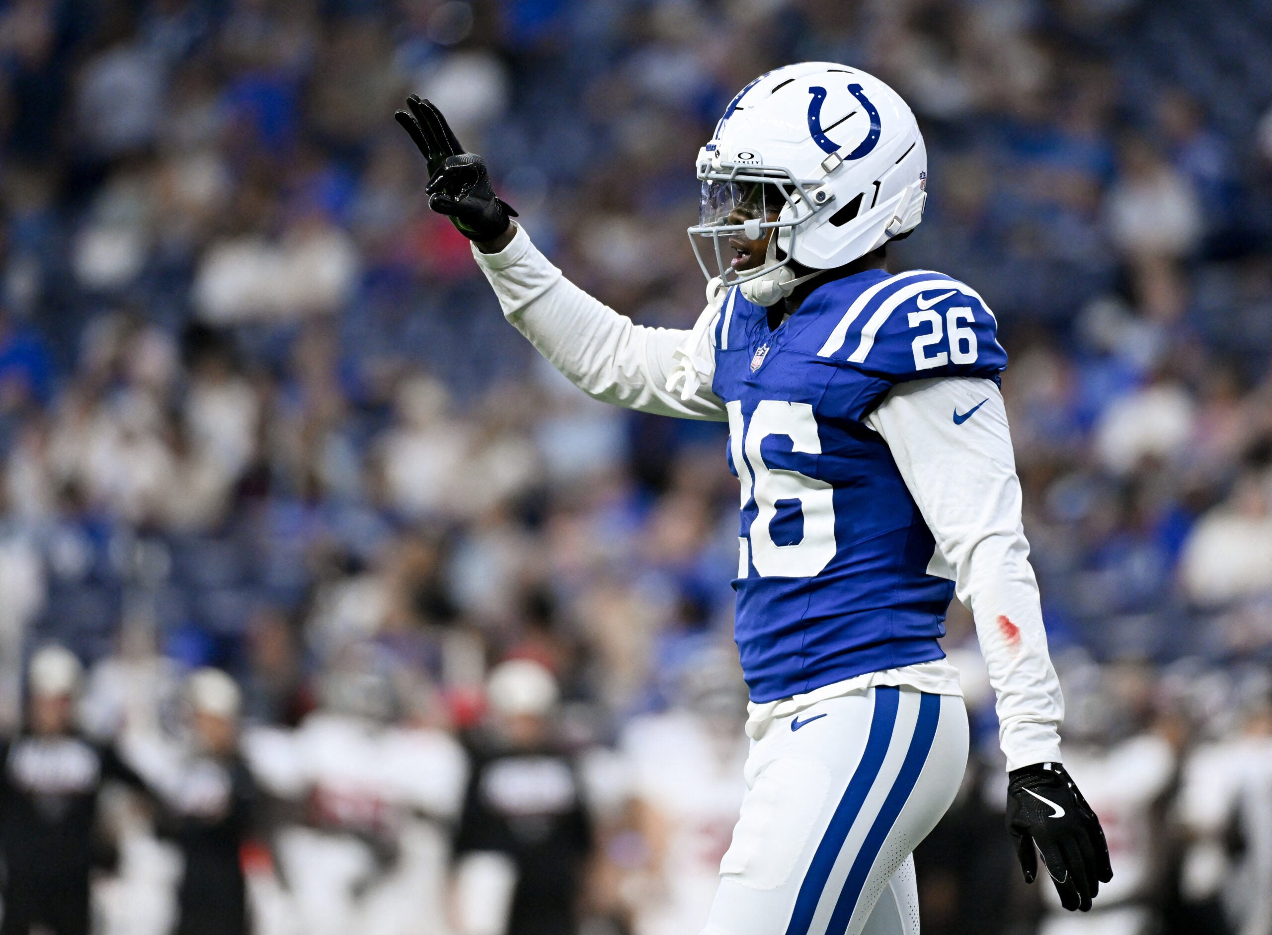 Aug 22, 2026; Indianapolis, Indiana, USA; Indianapolis Colts cornerback Cam Taylor-Britt (26) reacts after a play against the Atlanta Falcons during the first half at Lucas Oil Stadium.
