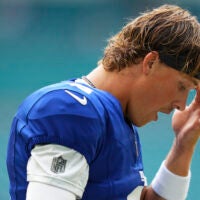Aug 22, 2026; Miami Gardens, Florida, USA; New York Giants quarterback Jaxson Dart (6) warms up prior to a preseason game against the Miami Dolphins at Hard Rock Stadium.