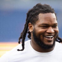 Aug 22, 2026; Foxborough, Massachusetts, USA; Philadelphia Eagles defensive tackle Jalen Carter (98) smiles before the game against the New England Patriots at Gillette Stadium.