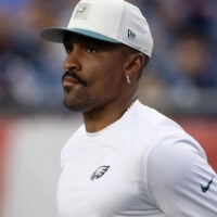 Aug 22, 2026; Foxborough, Massachusetts, USA; Philadelphia Eagles quarterback Jalen Hurts (1) runs onto the field before the game against the New England Patriots at Gillette Stadium.
