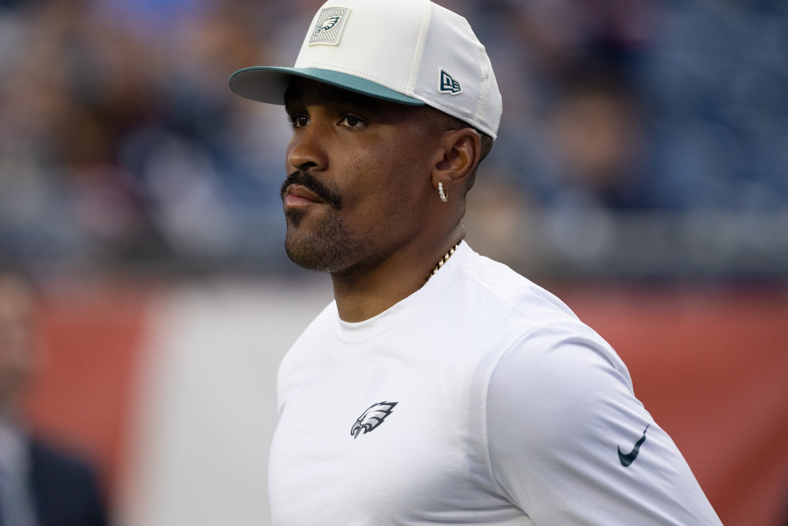 Aug 22, 2026; Foxborough, Massachusetts, USA; Philadelphia Eagles quarterback Jalen Hurts (1) runs onto the field before the game against the New England Patriots at Gillette Stadium.