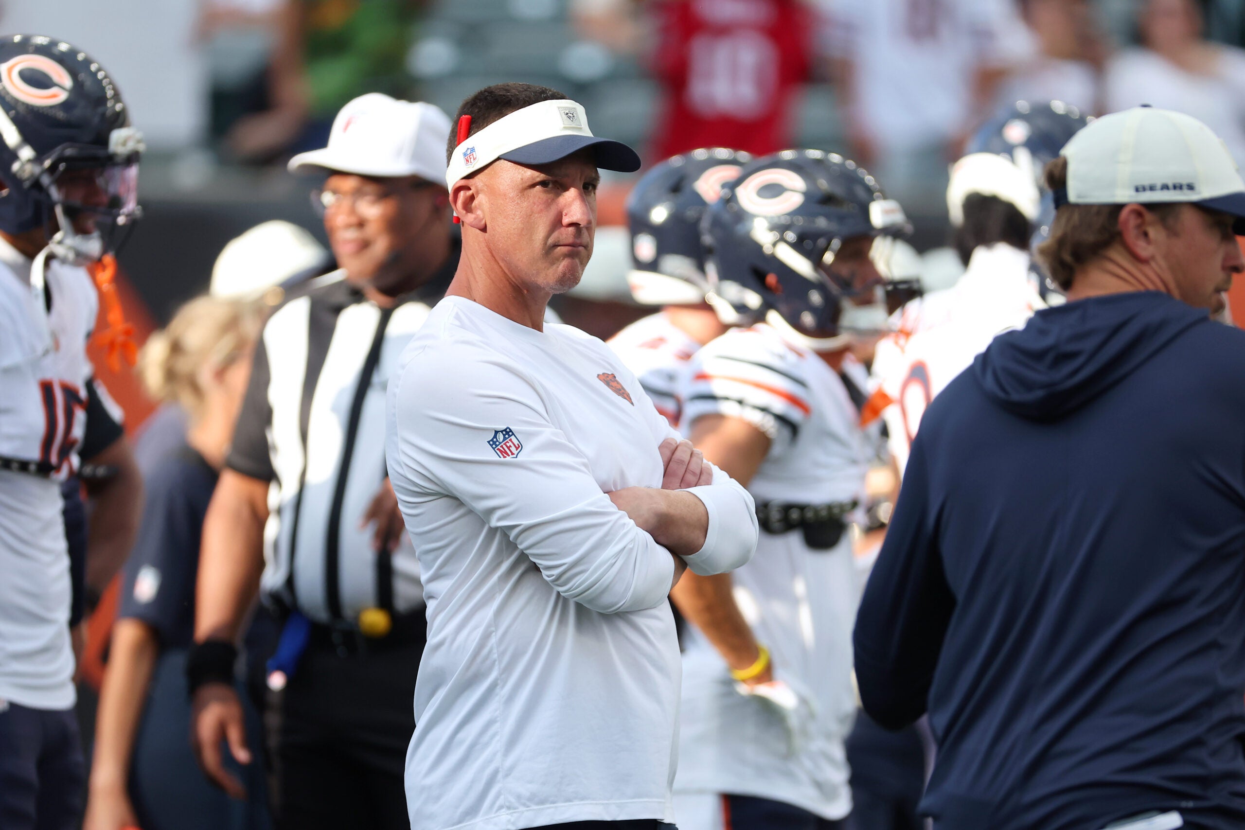 Aug 22, 2026; Cincinnati, Ohio, USA; Chicago Bears defensive coordinator Dennis Allen looks on before the game against the Cincinnati Bengals at Paycor Stadium.