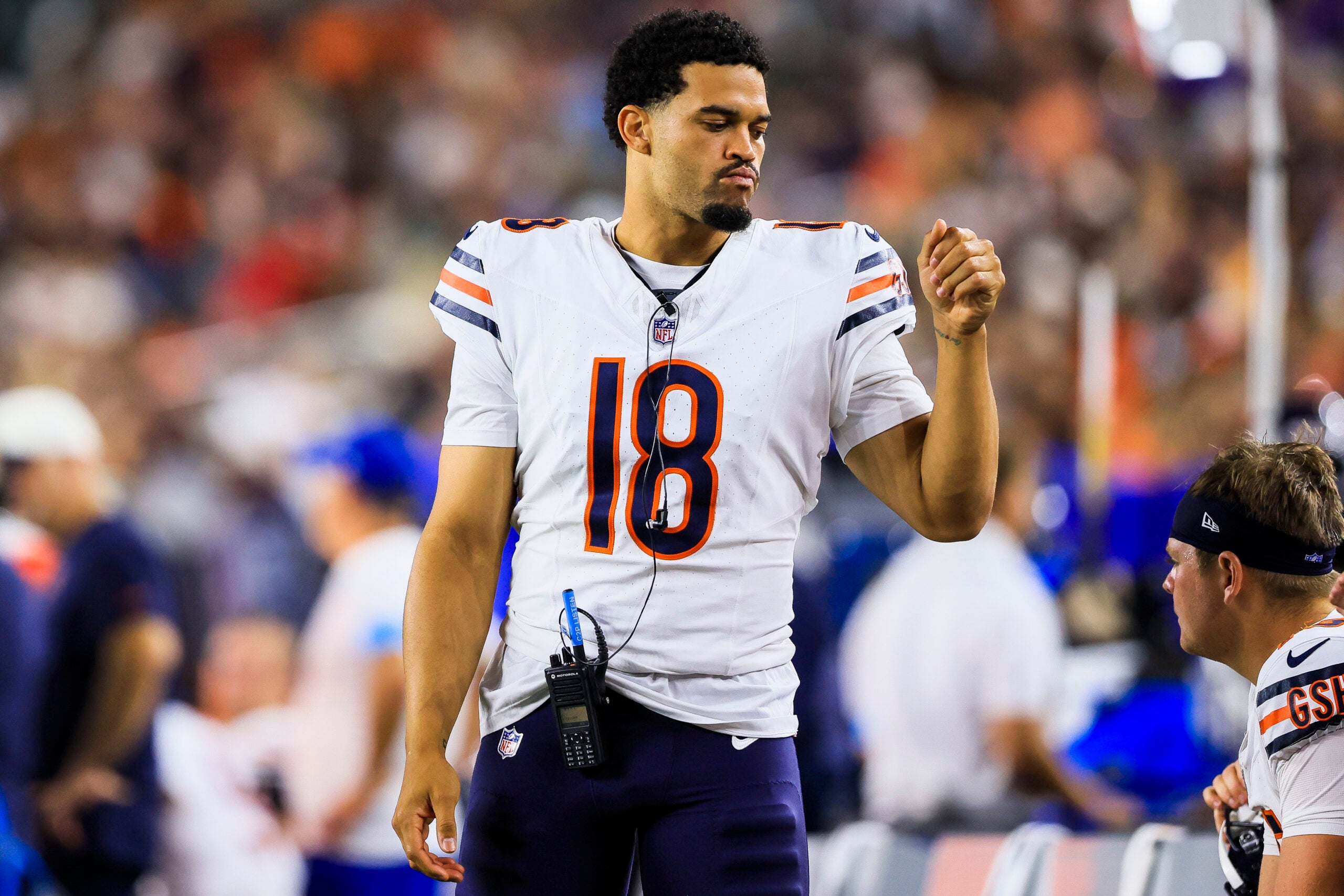Aug 22, 2026; Cincinnati, Ohio, USA; Chicago Bears quarterback Caleb Williams (18) stands on the sidelines during the second half in the game against the Cincinnati at Paycor Stadium.