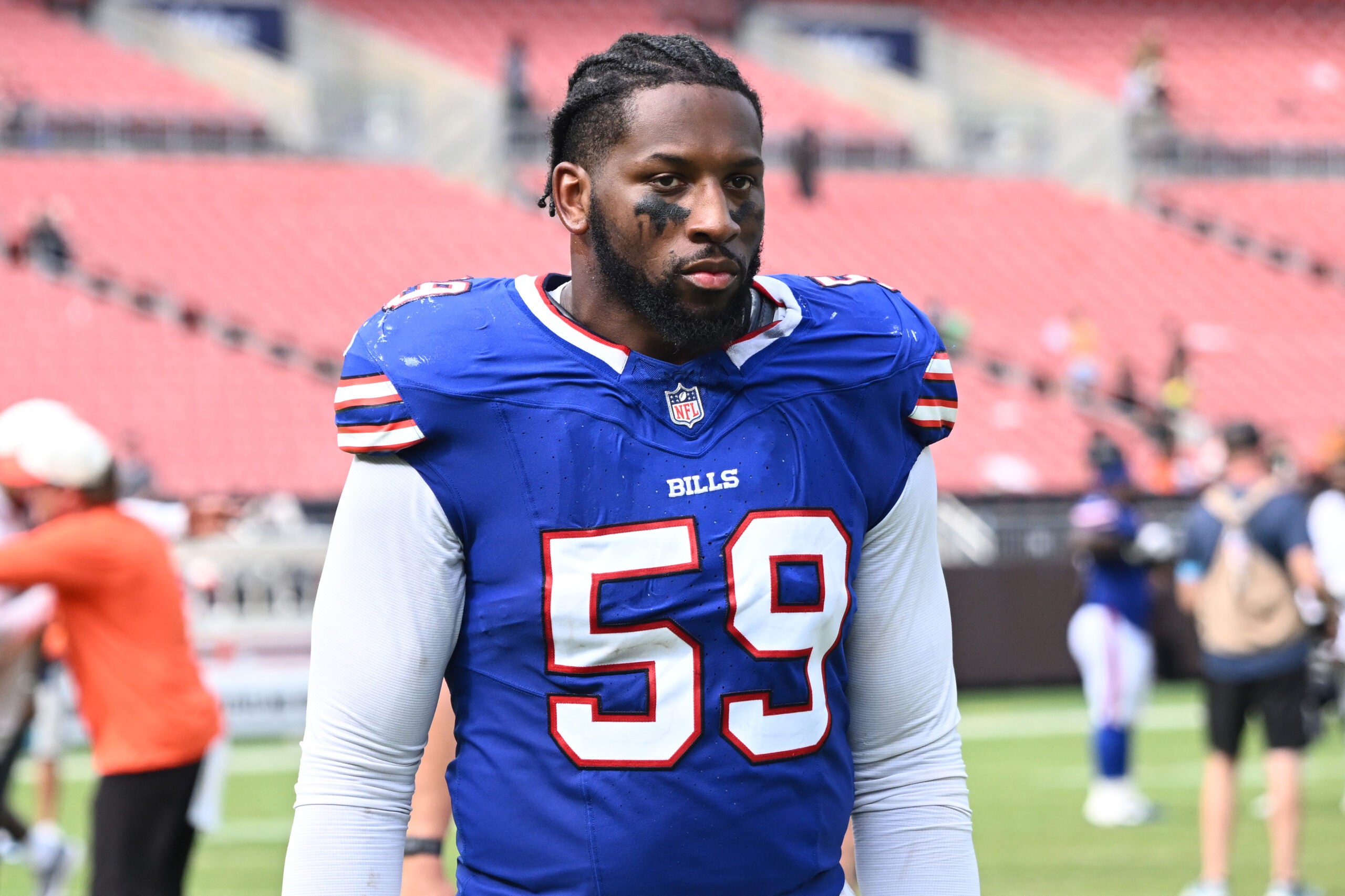 Aug 22, 2026; Cleveland, Ohio, USA; Buffalo Bills defensive end Andre Jones Jr. (59) during the second half at Huntington Bank Field.