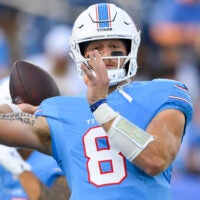 Aug 23, 2026; Nashville, Tennessee, USA; Tennessee Titans quarterback Will Levis (8) throws a pass during warmup period against the Seattle Seahawks at Nissan Stadium.