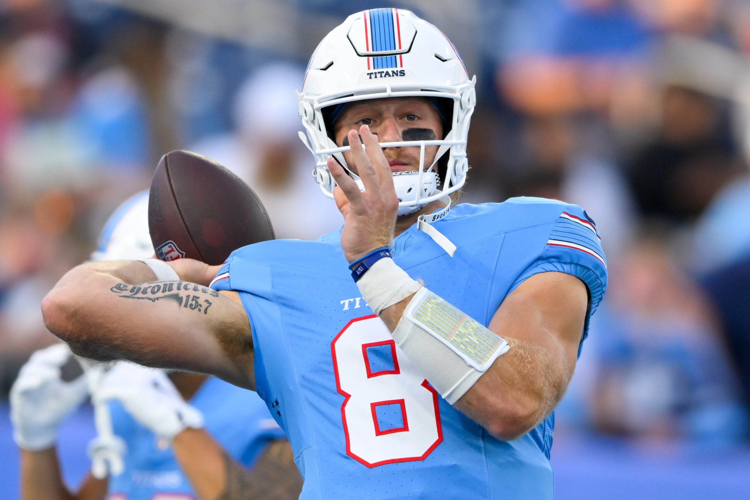 Aug 23, 2026; Nashville, Tennessee, USA; Tennessee Titans quarterback Will Levis (8) throws a pass during warmup period against the Seattle Seahawks at Nissan Stadium.