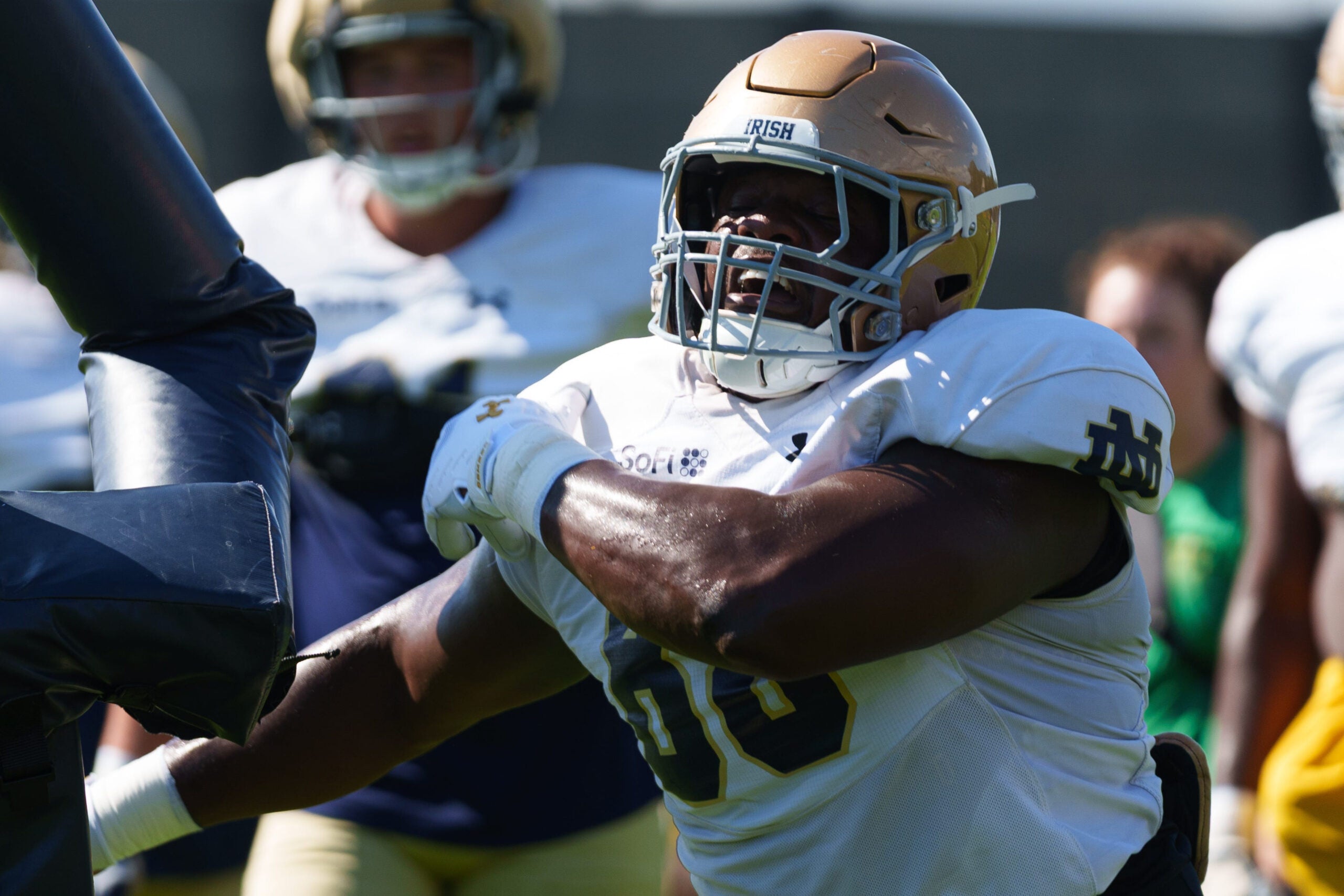 Defensive lineman Armel Mukam during a Notre Dame football practice at Irish Athletic Center on Tuesday, Aug. 25, 2026, in South Bend.