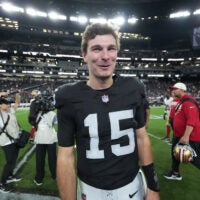 Aug 27, 2026; Paradise, Nevada, USA; Las Vegas Raiders quarterback Fernando Mendoza (15) reacts while walking on the field after a game against the San Francisco 49ers at Allegiant Stadium.