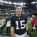 Aug 27, 2026; Paradise, Nevada, USA; Las Vegas Raiders quarterback Fernando Mendoza (15) reacts while walking on the field after a game against the San Francisco 49ers at Allegiant Stadium.