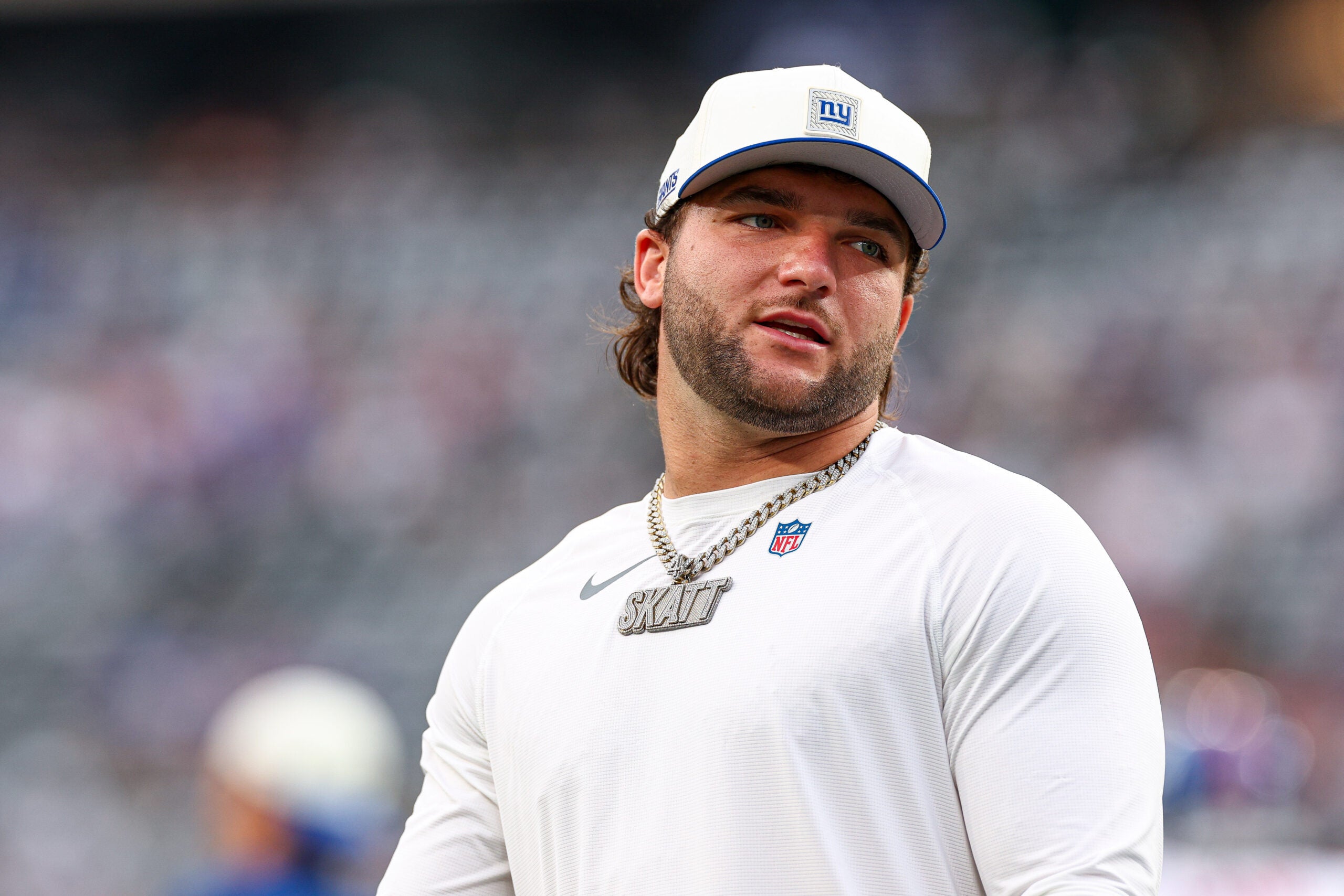 Aug 28, 2026; East Rutherford, New Jersey, USA; New York Giants running back Cam Skattebo (44) on the field before the game against the New York Jets at MetLife Stadium.