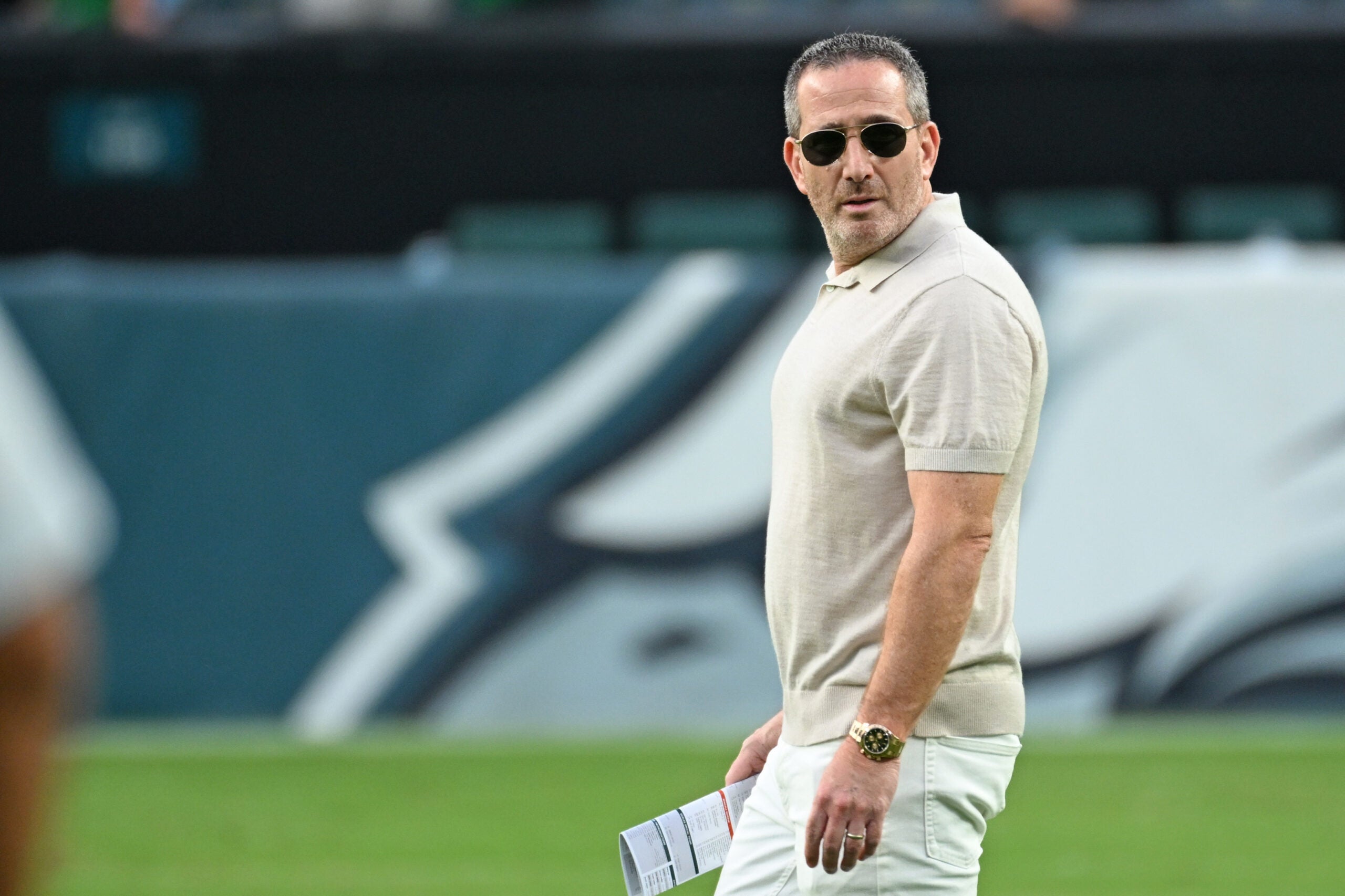Aug 28, 2026; Philadelphia, Pennsylvania, USA; Philadelphia Eagles general manager Howie Roseman during warmups against the Cincinnati Bengals at Lincoln Financial Field.