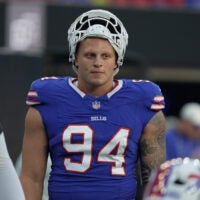 Buffalo Bills defensive lineman Landon Jackson during warm ups before the Bills preseason game against the Pittsburgh Steelers at Highmark Stadium on Aug. 27, 2026.