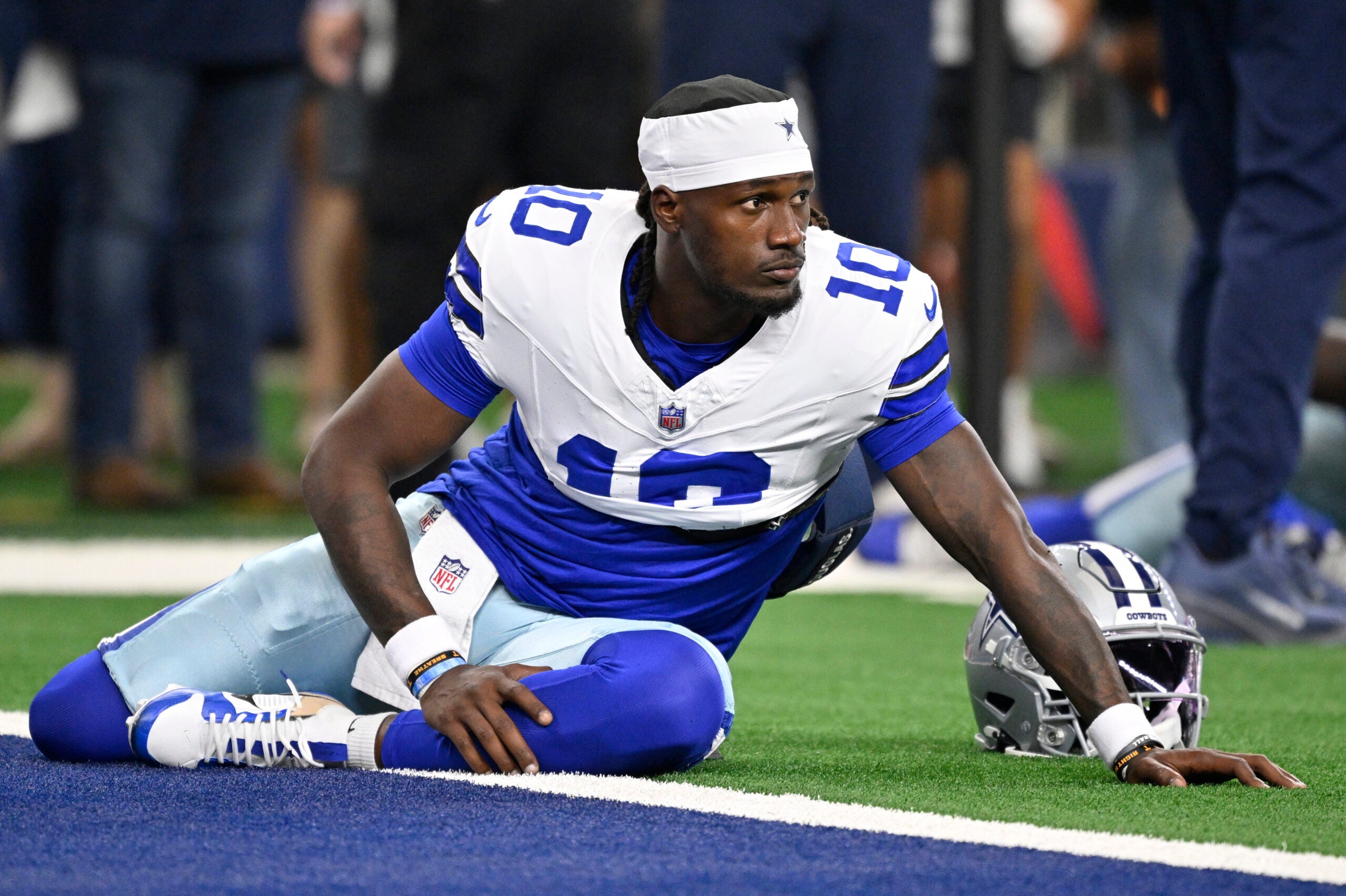 Aug 28, 2026; Arlington, Texas, USA; Dallas Cowboys quarterback Joe Milton III (10) warms up before the game against the New Orleans Saints at AT&T Stadium.