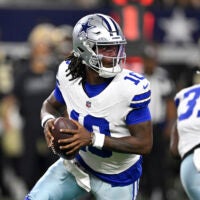 Aug 28, 2026; Arlington, Texas, USA; Dallas Cowboys quarterback Joe Milton III (10) looks to pass against the New Orleans Saints in the first quarter at AT&T Stadium.