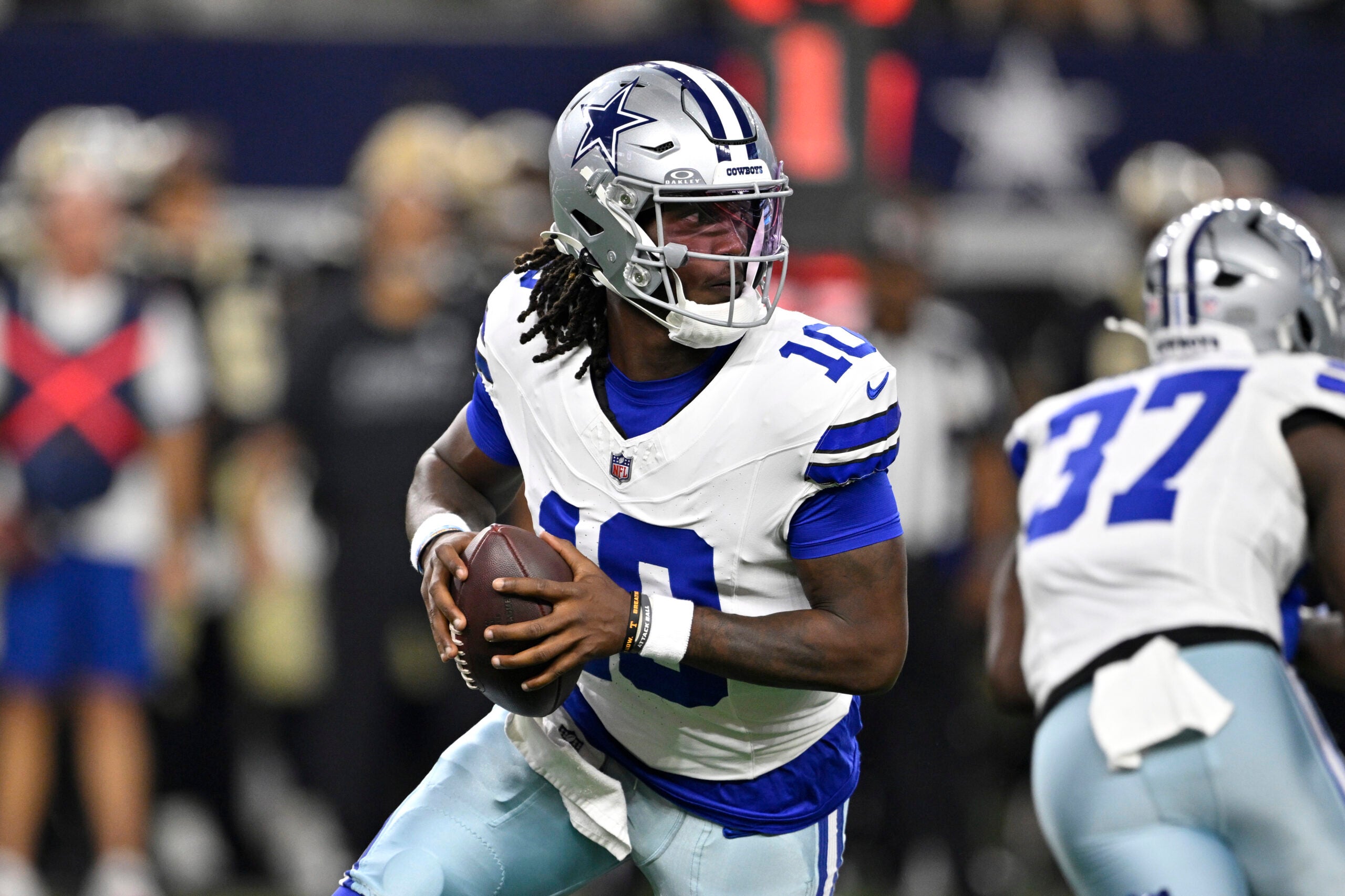 Aug 28, 2026; Arlington, Texas, USA; Dallas Cowboys quarterback Joe Milton III (10) looks to pass against the New Orleans Saints in the first quarter at AT&T Stadium.