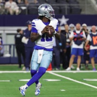 Aug 28, 2026; Arlington, Texas, USA; Dallas Cowboys quarterback Joe Milton III (10) looks to pass against the New Orleans Saints during the second quarter at AT&T Stadium.